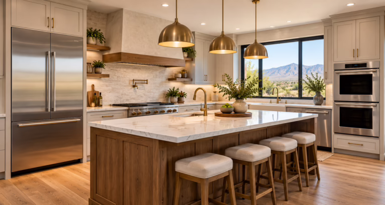 Warm Contemporary Kitchen with Mountain Views